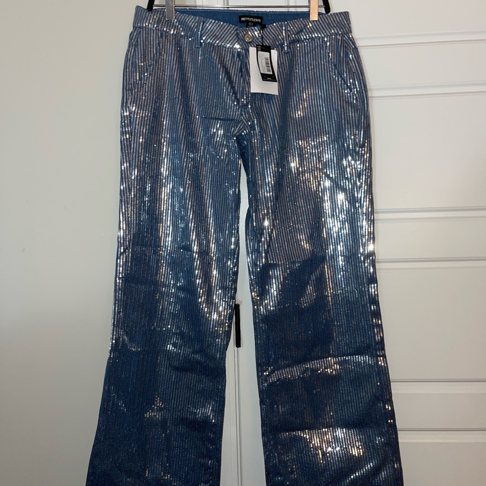 PrettyLittleThing Metallic Blue Flare Jeans